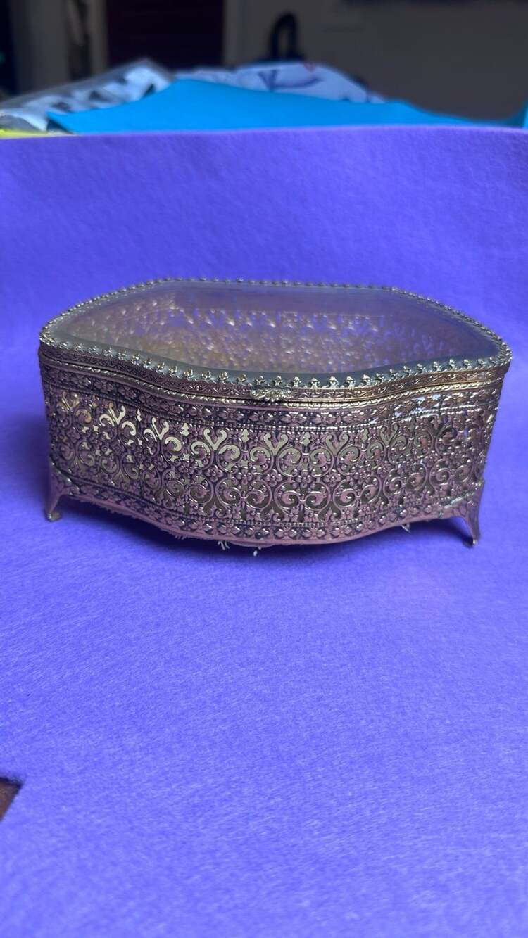 Vintage Ornate Filigree Metal Jewelry Box Trinket Dish